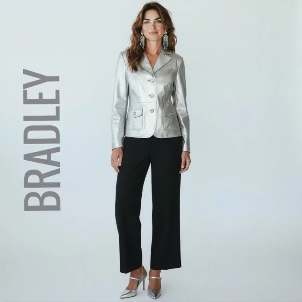 BRADLEY Elegant Silver Metallic Leather Oversize Rhinestone Buttons Jacket M